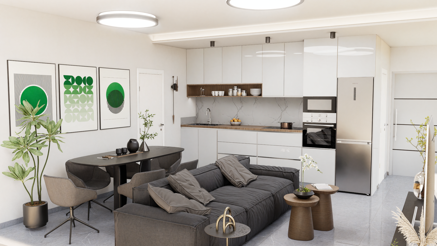 Render of the open plan seen from the kitchen