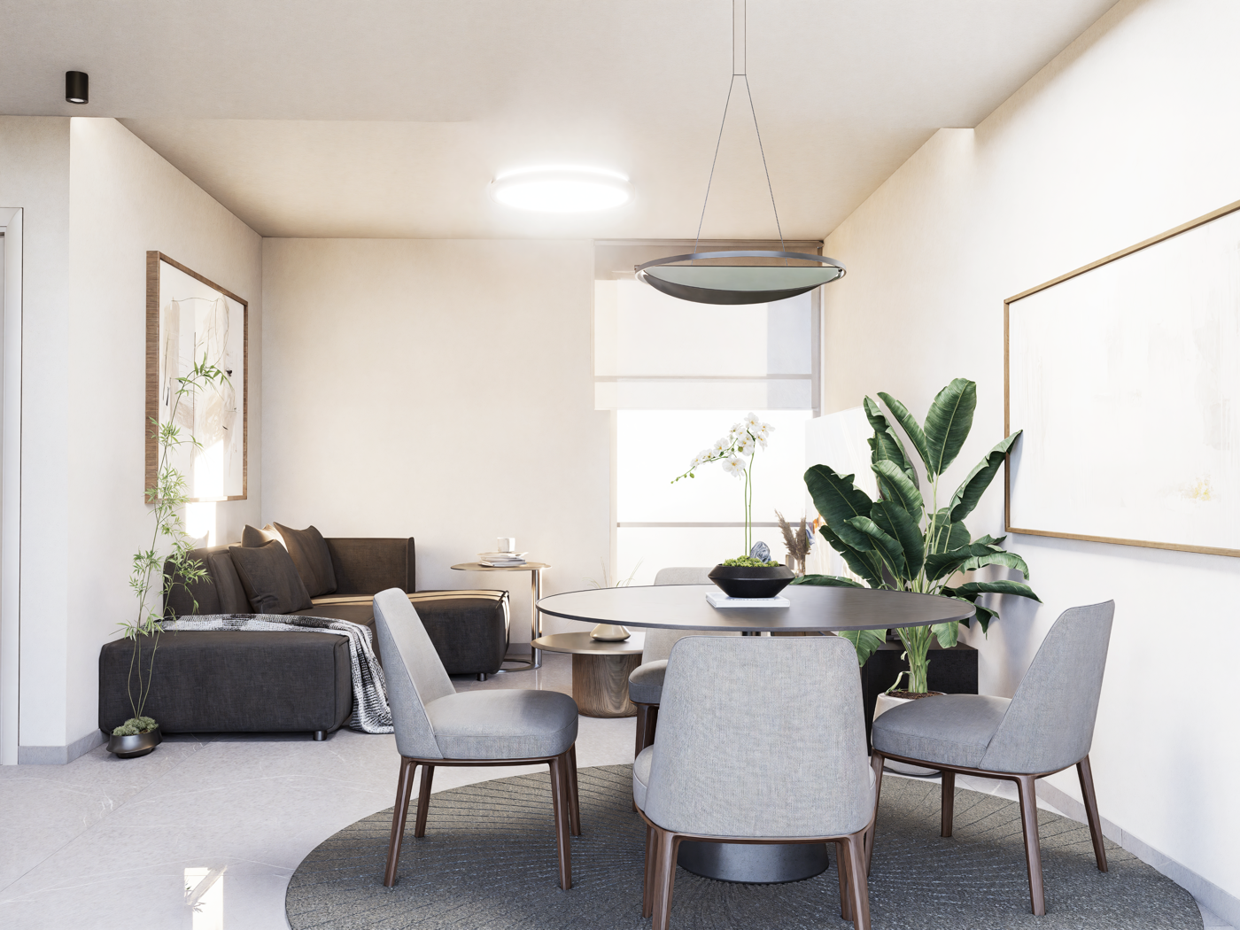 Render of the open-plan living space