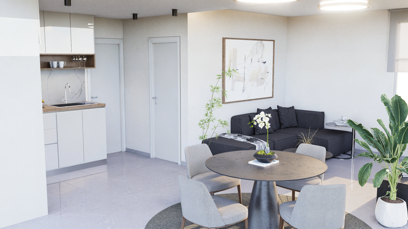 Render of the living area and kitchen